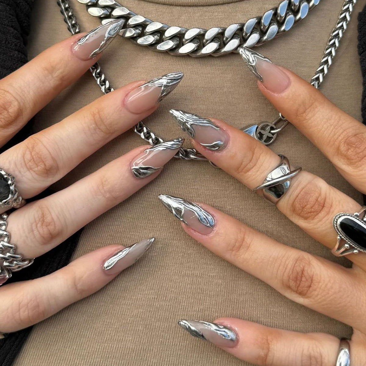 Chrome Stiletto Press-On Nails – Long Metallic Silver Swirl Design, Glue-On Acrylic