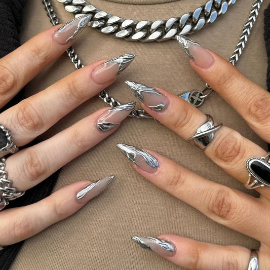Chrome Stiletto Press-On Nails – Long Metallic Silver Swirl Design, Glue-On Acrylic