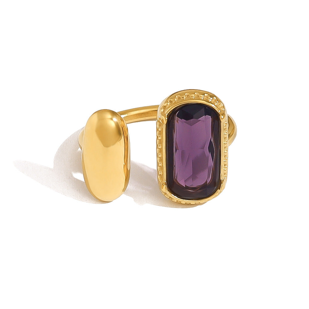 Gold Oval Zircon Ring for Women – Retro Geometric Stainless Steel Adjustable Jewelry