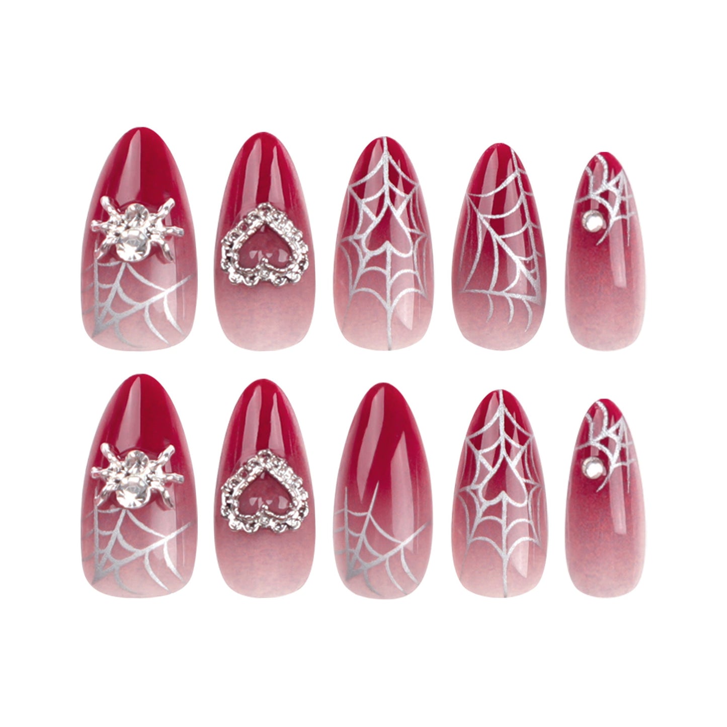 Red Ombre Spiderweb Press-On Nails – Medium Oval with Heart Rhinestones