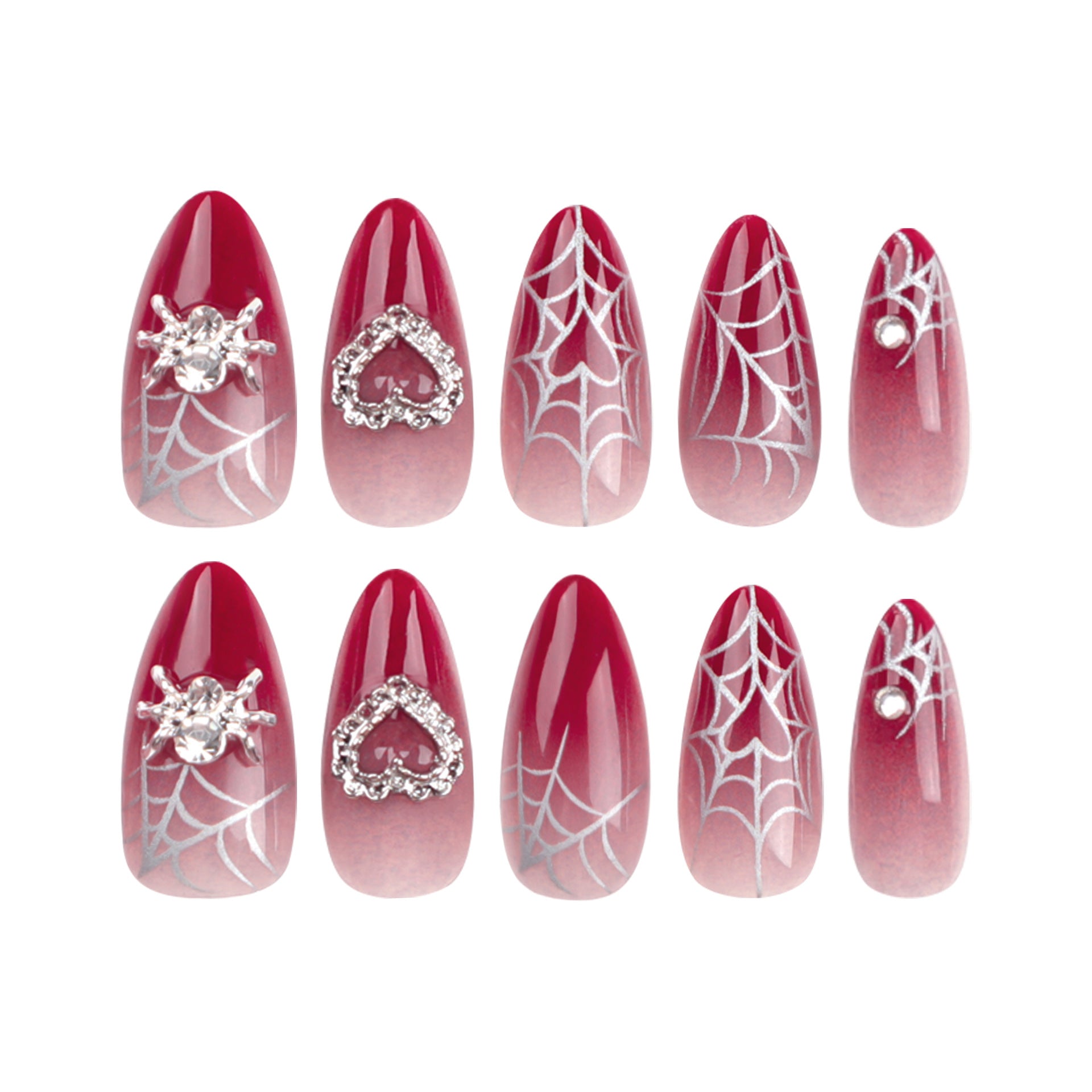 Red Ombre Spiderweb Press-On Nails – Medium Oval with Heart Rhinestones