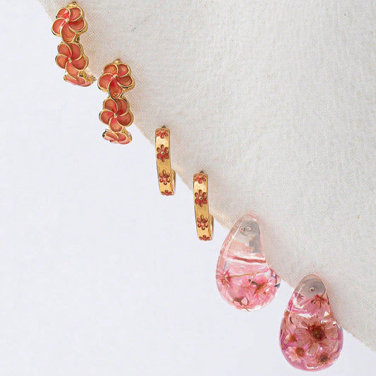 Women’s Flower Resin Earrings Set – Multicolor Drop Earrings, Summer Jewelry ( 3 Pairs)