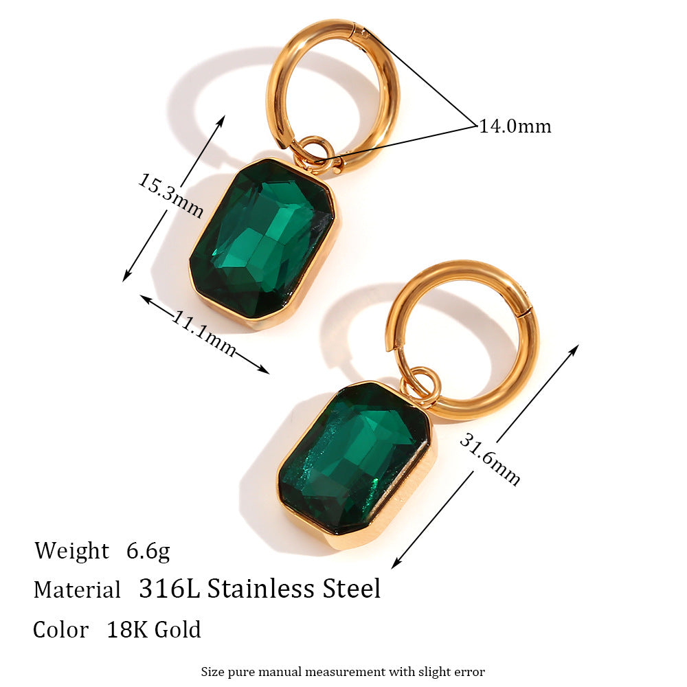 Retro Chic Gemstone Dangle Earrings for Women – Stainless Steel Emerald Cut Design