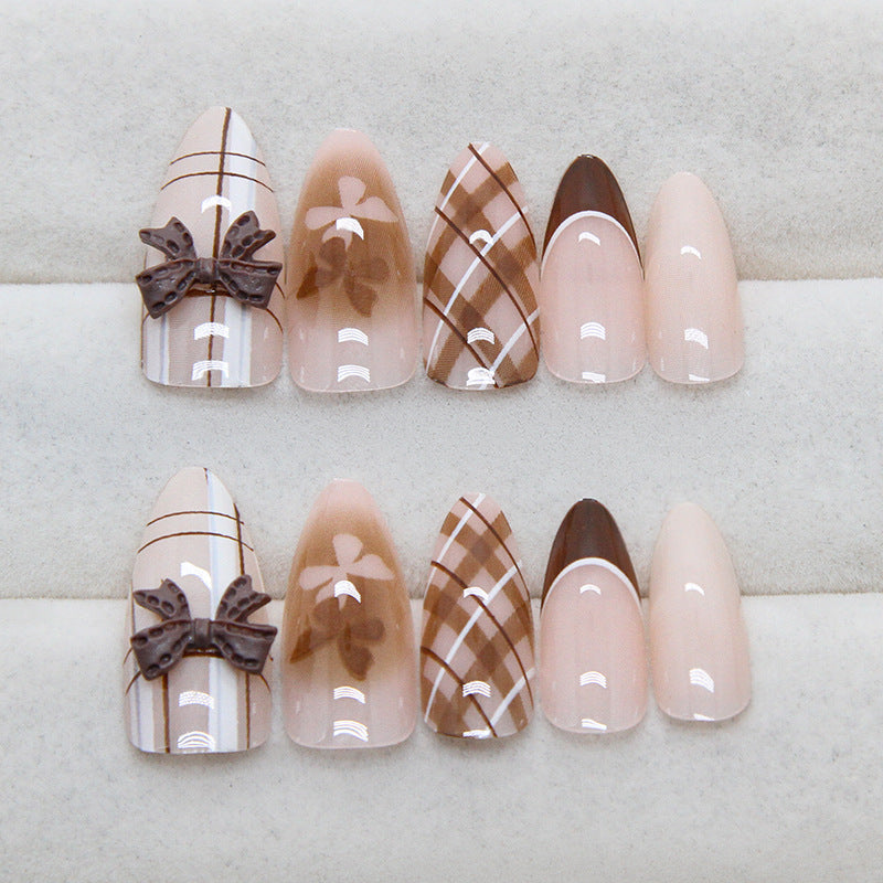 Fashionable Plaid Press-On Nails with Bow Design, Long Stiletto Acrylic Glue-On Set