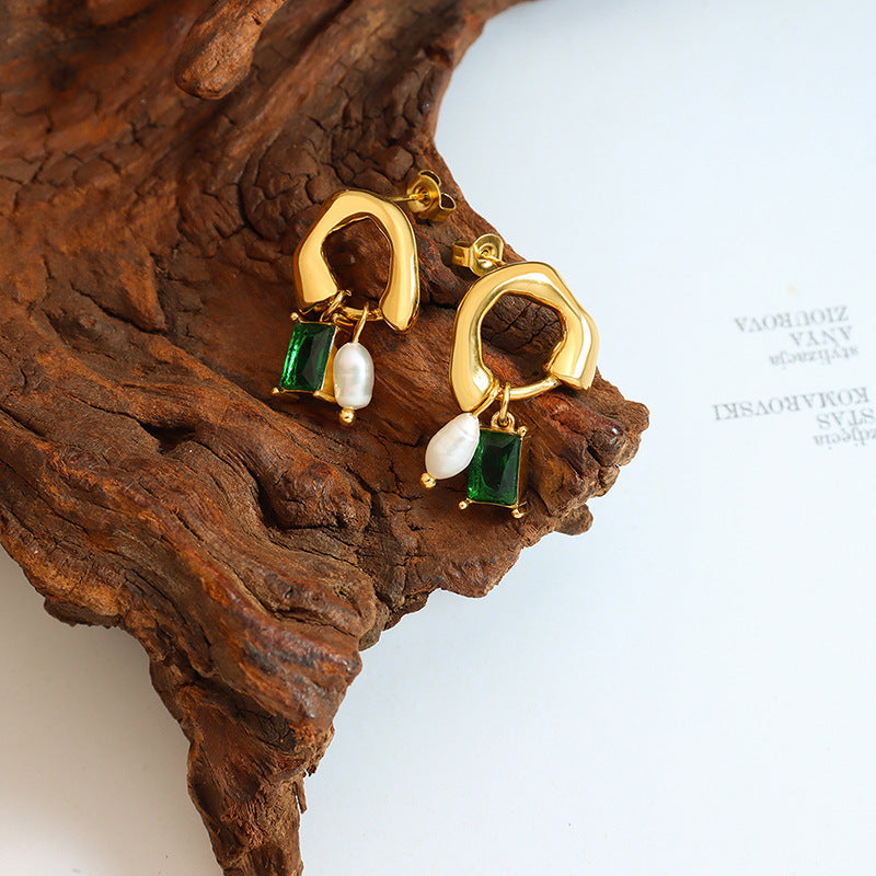 Geometric Pearl Drop Earrings for Women – Green Crystal Pendant, Fashion Office Style