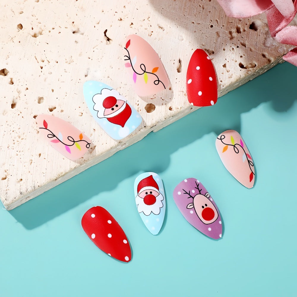 Festive Santa & Reindeer Almond Press-On Nails – Medium Glue-On Acrylic Set