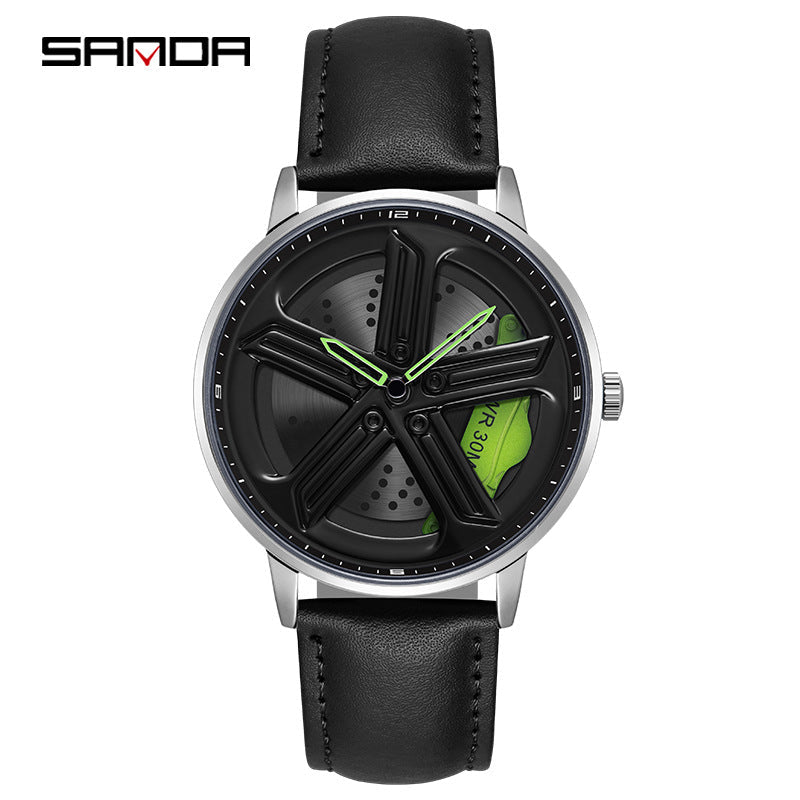 Sanda Men’s Leather Quartz Watch – 360° Rotating Dial, Waterproof Casual Wristwatch