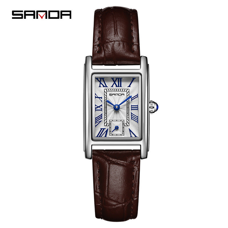 Sanda Women’s Classic Square Quartz Watch – Leather Strap, Semi-Waterproof Watch