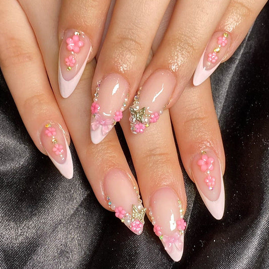 Pink Butterfly Floral Press-On Nails – Long Stiletto 3D Embellished Acrylic False Nails