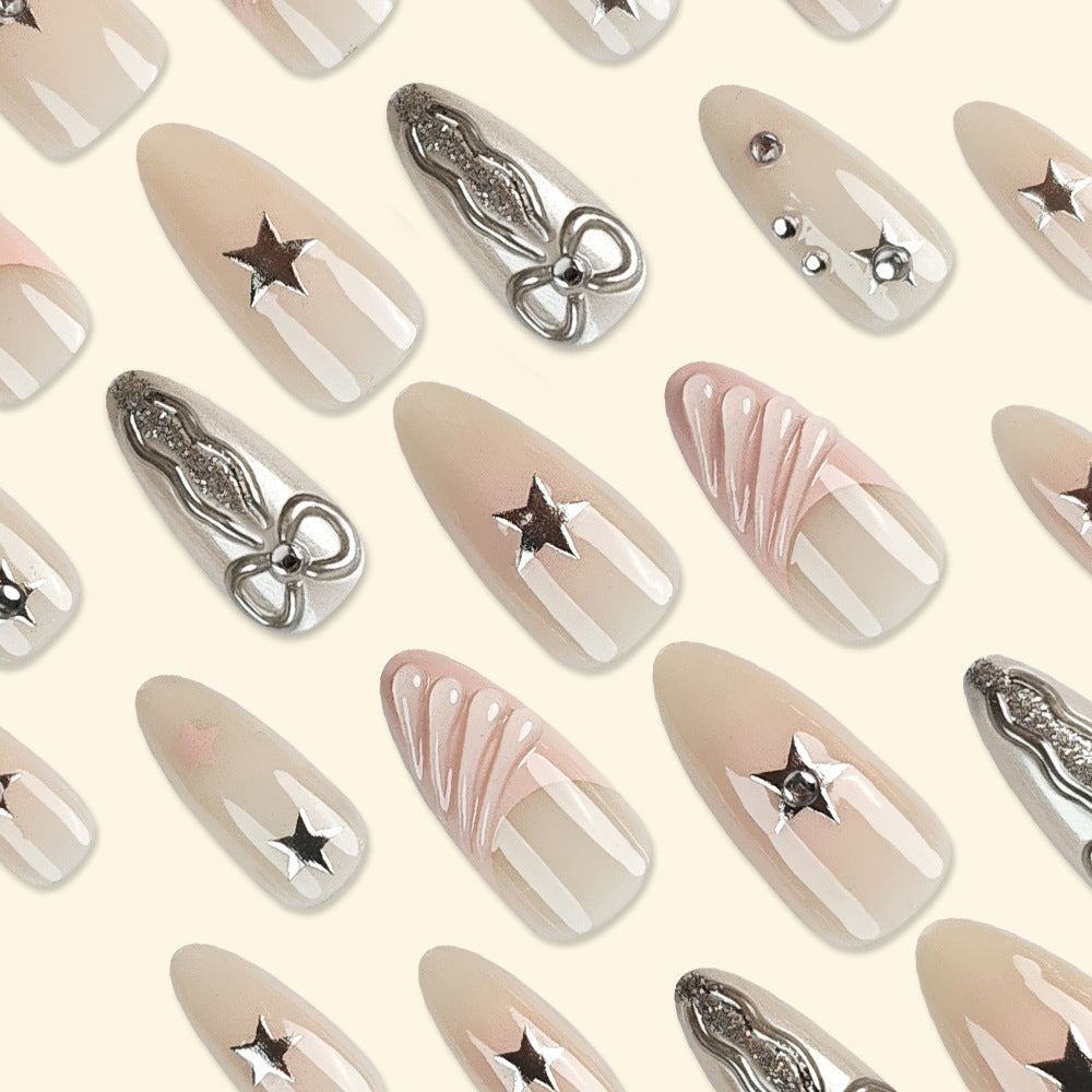 Elegant 3D Press-On Nails with Metallic Stars & Bowknot Design - Almond Glossy Set