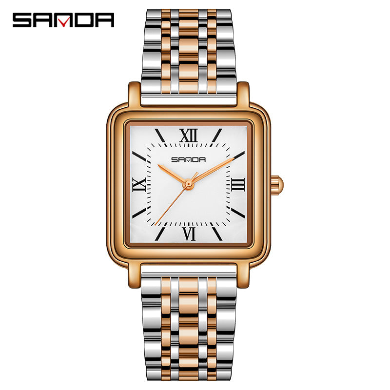 SANDA Women’s Square Quartz Watch – Retro Stainless Steel Strap with Roman Numerals