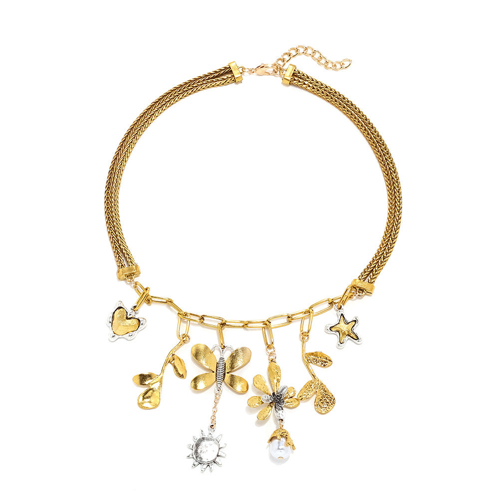 Butterfly & Flower Pendant Necklace – Trendy Metal Charm Jewelry for Women