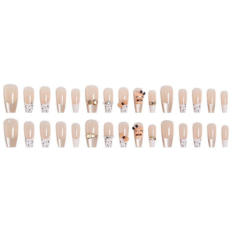 Cat Eye Leopard Press-On Nails – Long Coffin Acrylic Nail Set with Gems