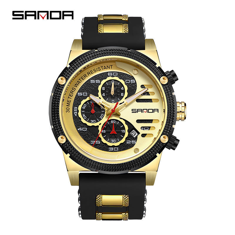 Sanda Men's Quartz Watch – Multi-Function Three-Eye Calendar Silicone Strap Waterproof