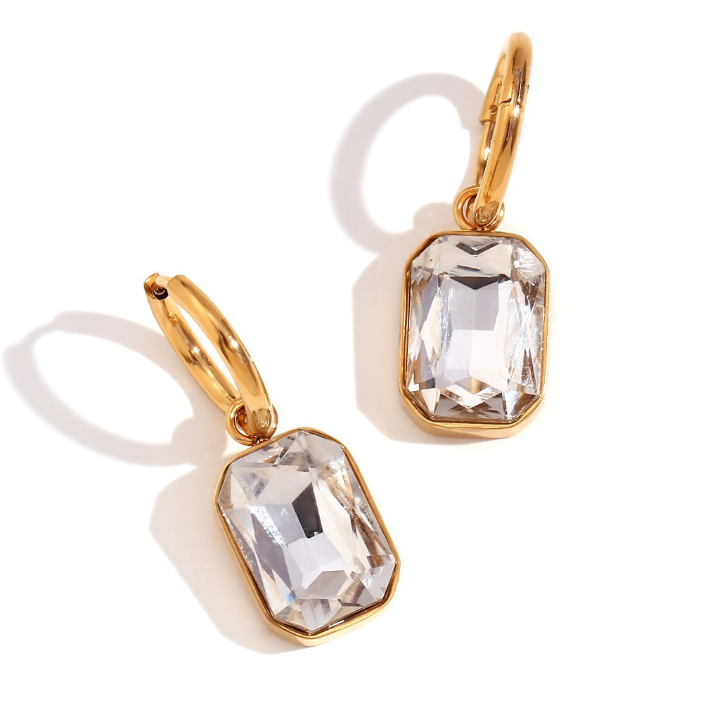 Retro Chic Gemstone Dangle Earrings for Women – Stainless Steel Emerald Cut Design