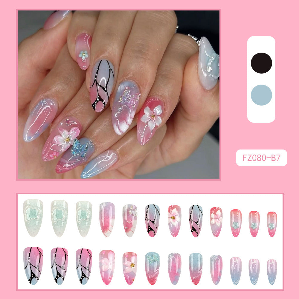 3D Press-On Nails with Butterfly & Flower Design, Medium Almond Acrylic Glue-On Set