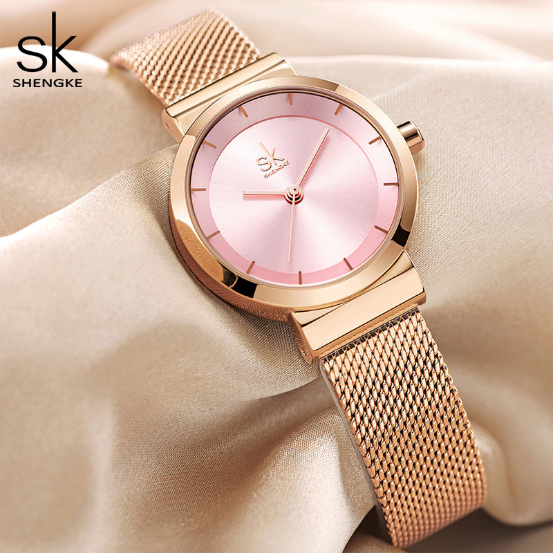 SK Women’s Fashion Quartz Watch – Stainless Steel Mesh Strap, 30M Waterproof Round Dial