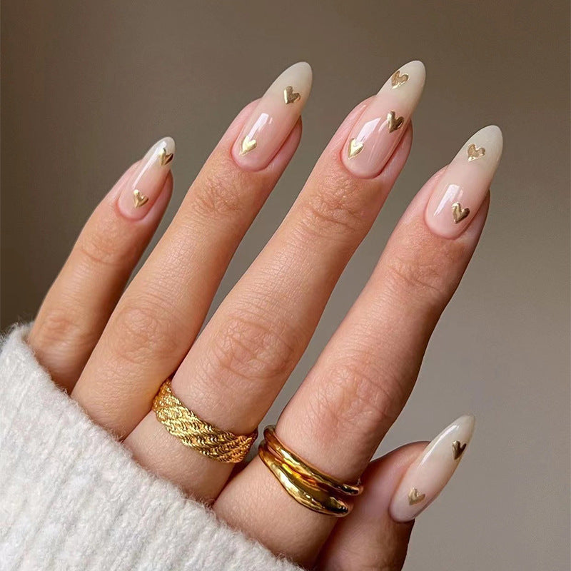 Nude Oval Press-On Nails with Heart Design – Cute, Minimal Acrylic Nails