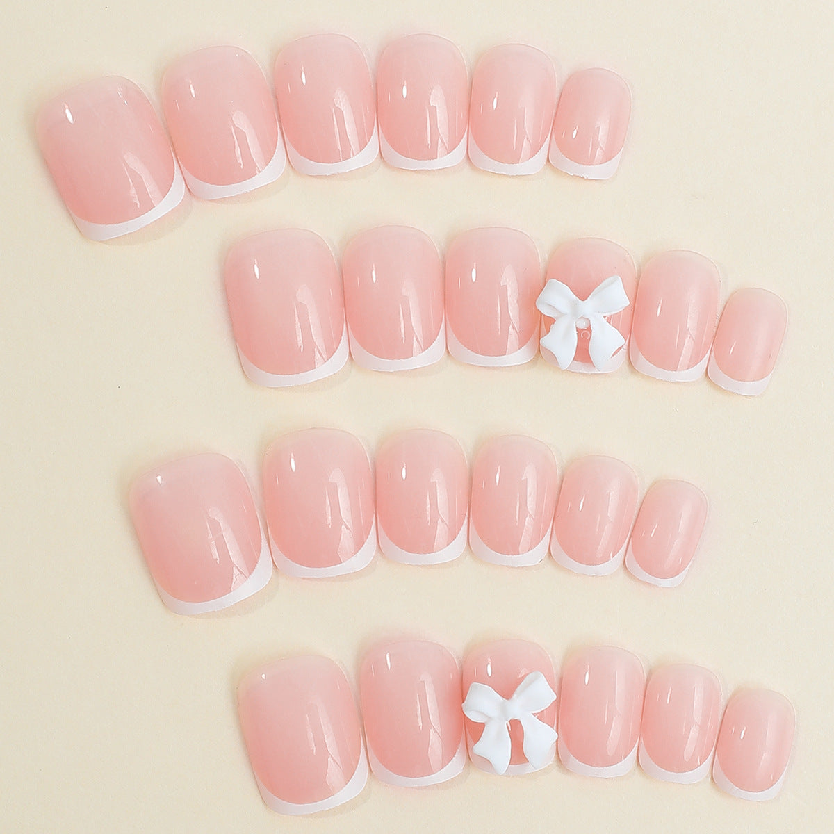 Long Square French Tip Press-On Nails – 3D Bow, Pearl & Rose Romantic Acrylic Set