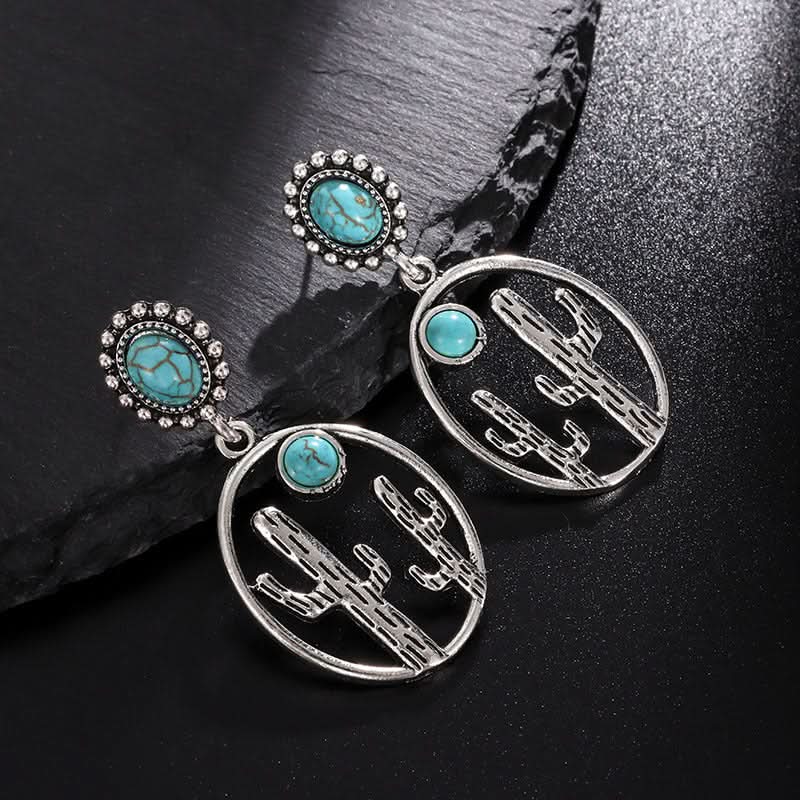Vintage Turquoise Cactus Earrings – Boho Western Dangle Earrings for Women