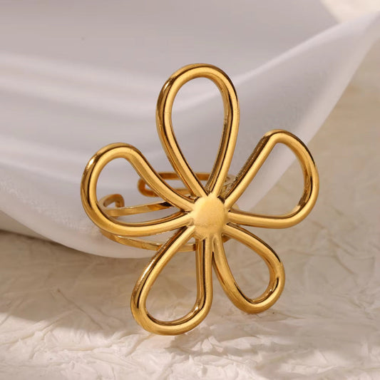Gold Floral Adjustable Ring for Women – Stainless Steel Fashion Jewelry