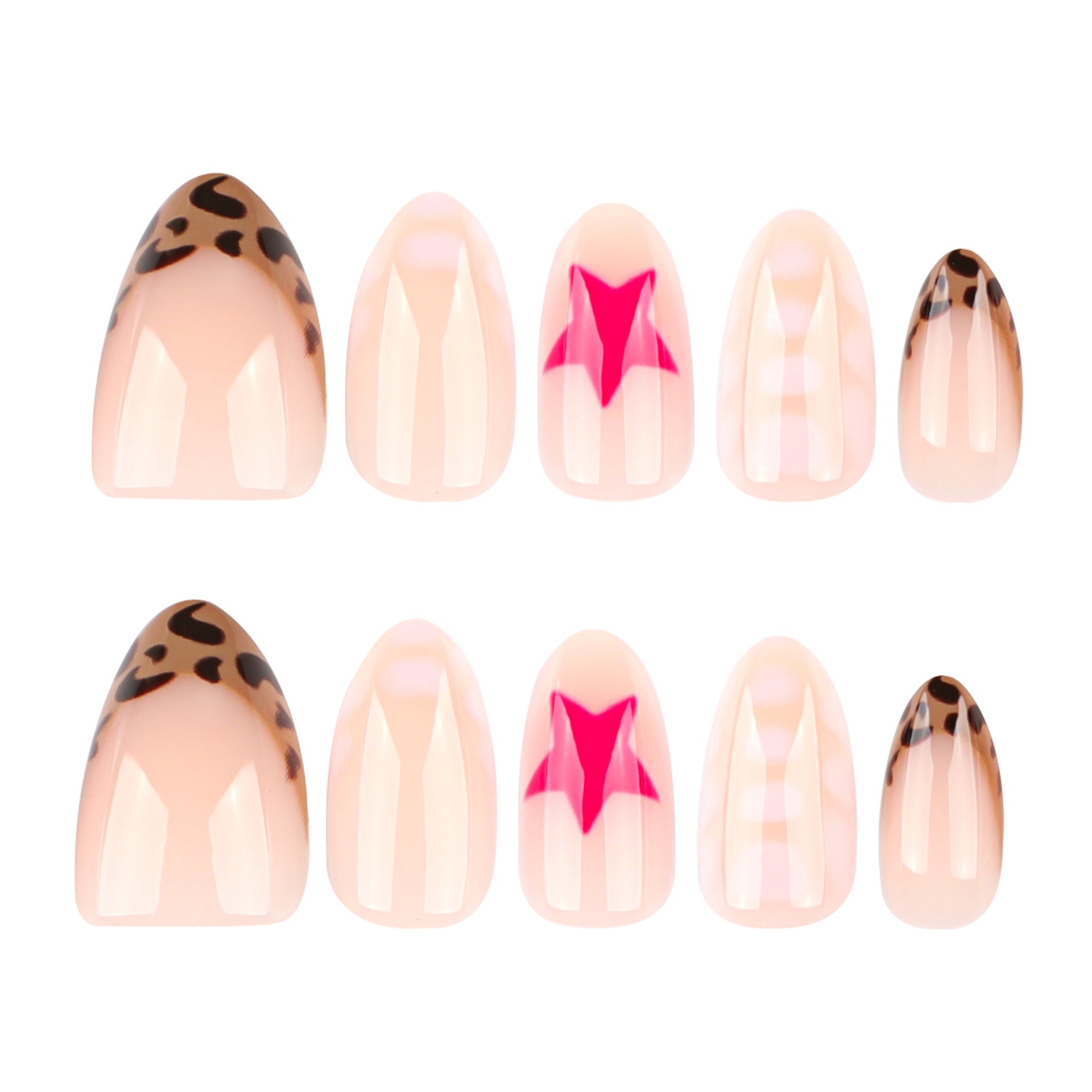 Bold Trendy Press-On Nails – Short Oval with Pink Star & Leopard Print Design