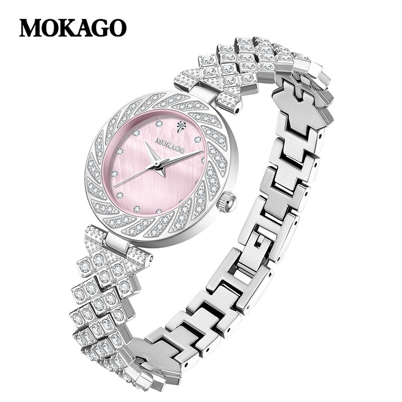 MOKAGO Women’s Diamond Quartz Watch – Elegant Round Mother-of-Pearl Dial Watch