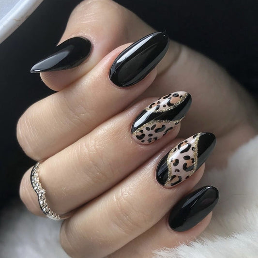 Glossy Leopard Print Press-On Nails – Medium Almond Glue-On Wearable Nail Art
