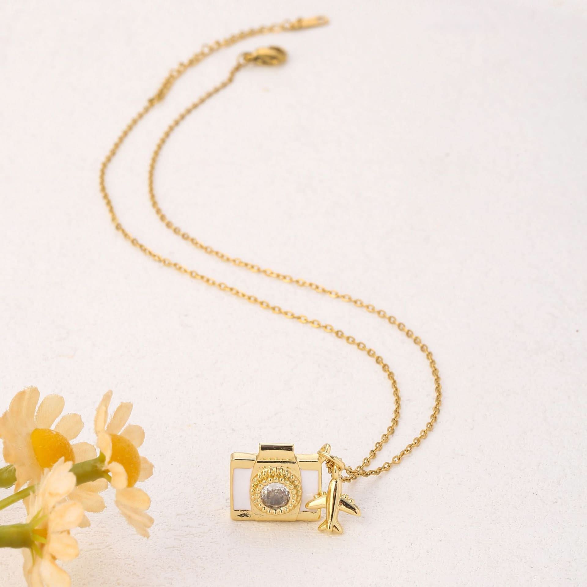 Titanium Steel Camera & Airplane Pendant Necklace