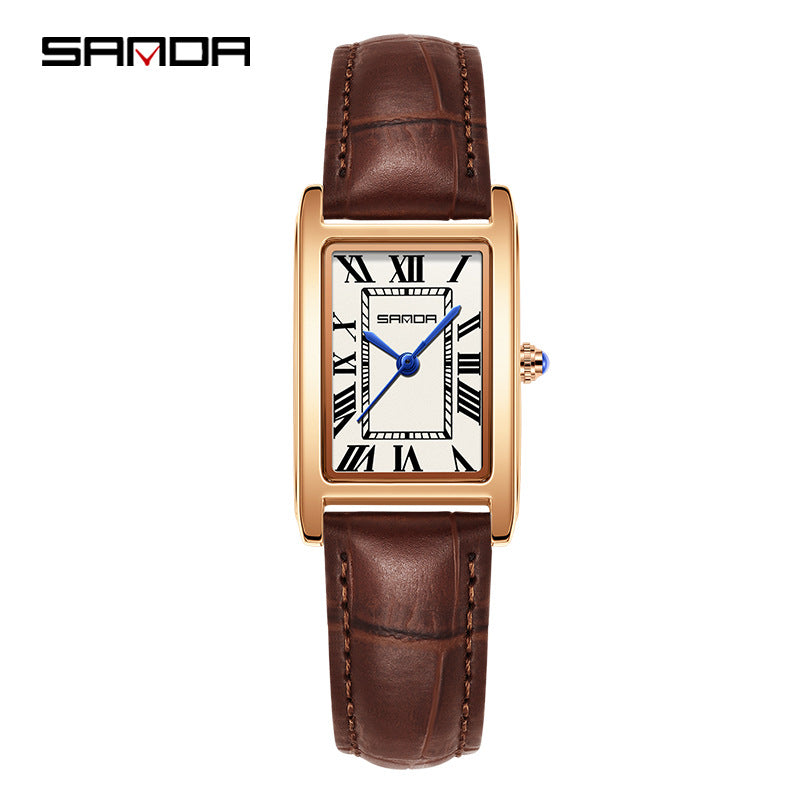 SANDA Retro Square Quartz Watch – Leather Strap Casual Watch for Men & Women