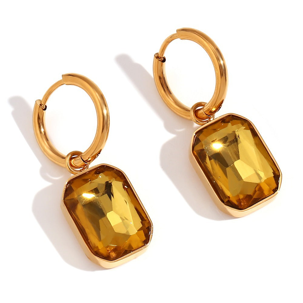Retro Chic Gemstone Dangle Earrings for Women – Stainless Steel Emerald Cut Design