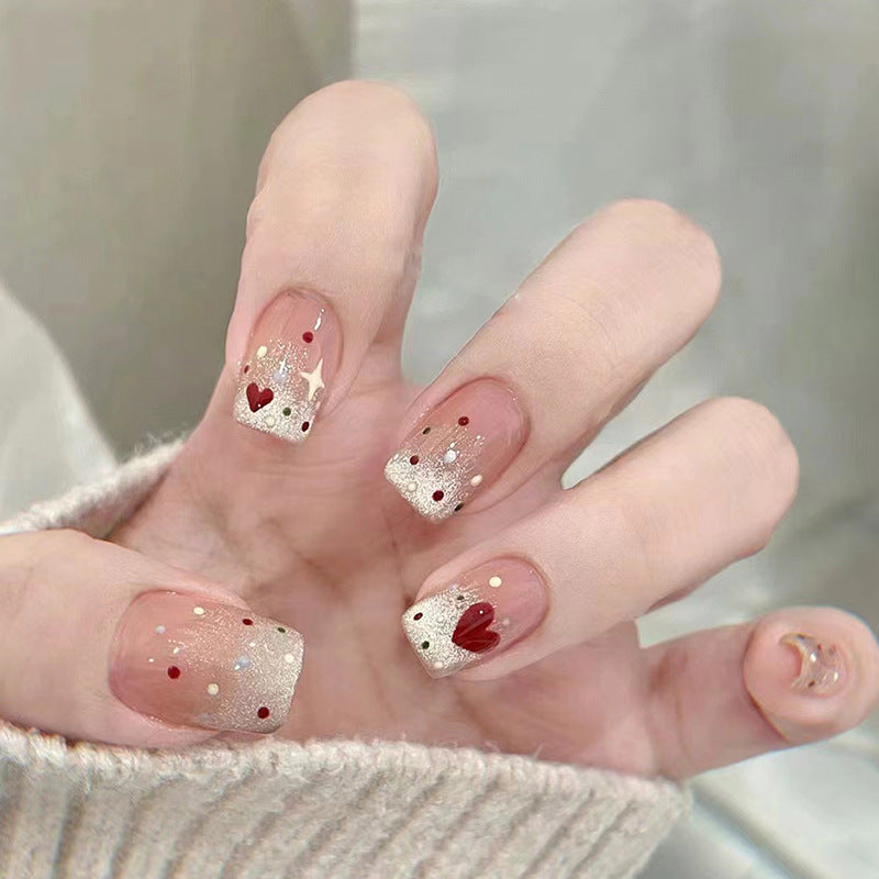 Star & Heart Cute Short False Nails – Glue-On Nail Set, Wearable & Removable