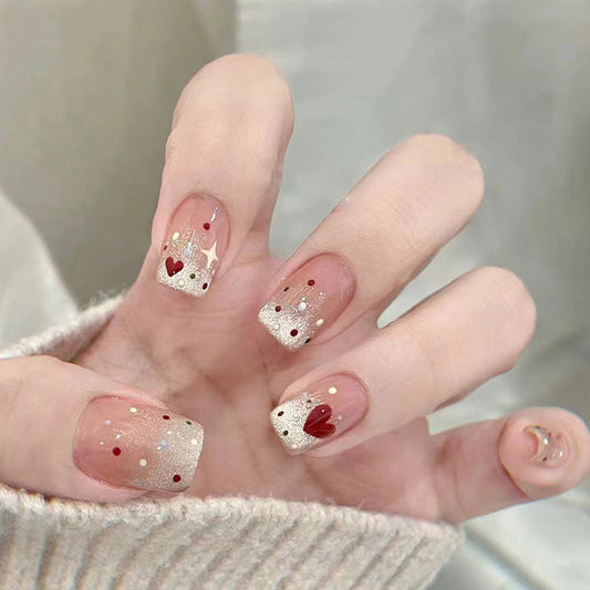 Star & Heart Cute Short False Nails – Glue-On Nail Set, Wearable & Removable