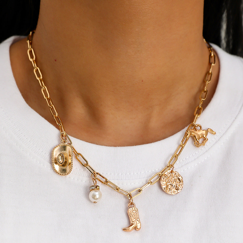 Retro Cowboy Hat & Boots Pendant Necklace – Western Style Pearl Chain for Women