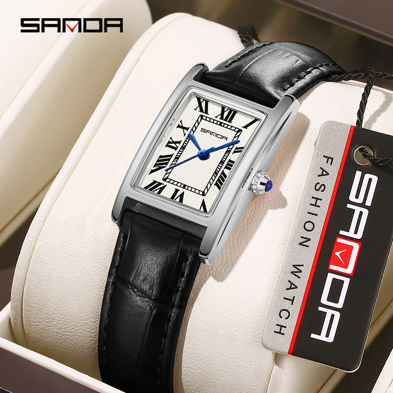 SANDA Retro Square Quartz Watch – Leather Strap Casual Watch for Men & Women