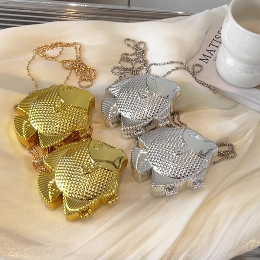 Fish-Shaped Mini Metal Crossbody Bag – Chain Bag for Women