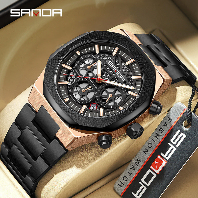 Sanda Men’s Multifunction Quartz Watch – Three-Eye Chronograph, Stainless Steel Band