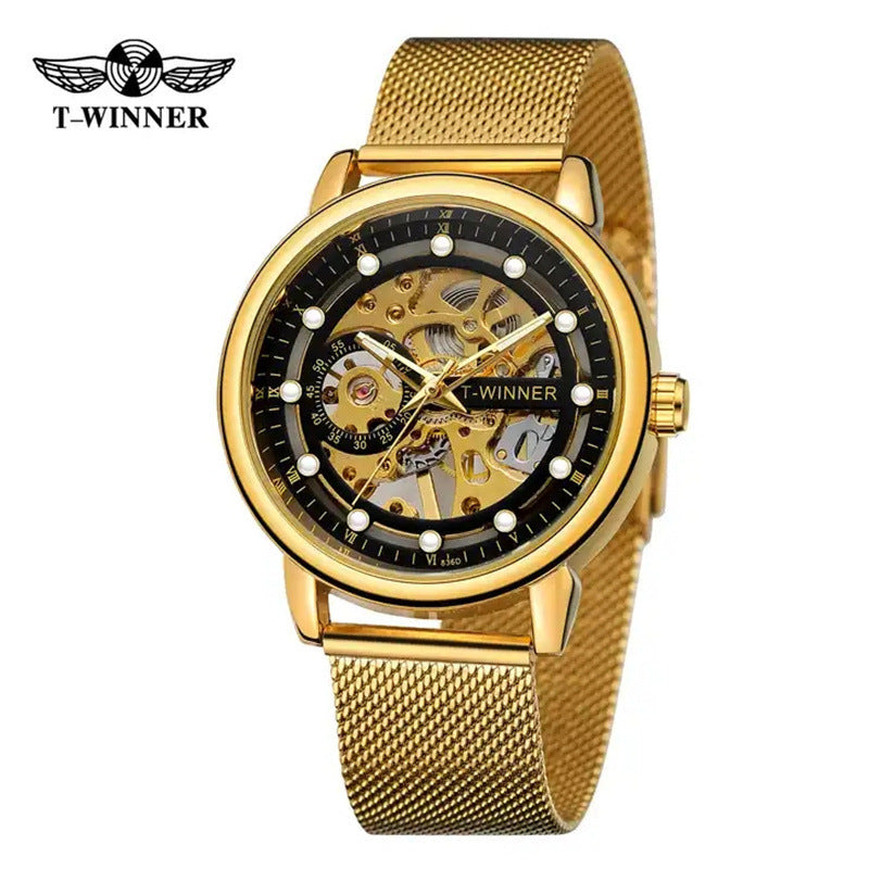T-Winner Men’s Hollow Mechanical Watch – Mesh Strap, 30M Waterproof, Fashion Casual