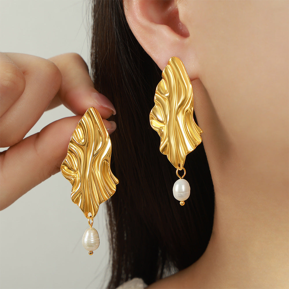Gold-Plated Pearl Geometric Earrings for Women – Titanium Steel Fashion Jewelry