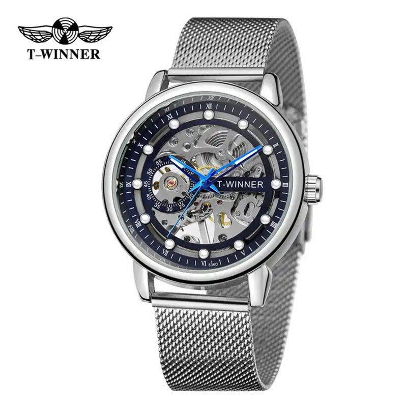 T-Winner Men’s Hollow Mechanical Watch – Mesh Strap, 30M Waterproof, Fashion Casual