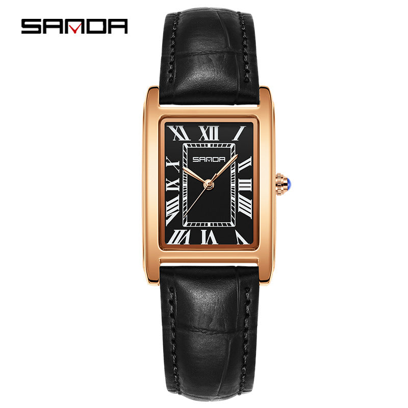 SANDA Retro Square Quartz Watch – Leather Strap Casual Watch for Men & Women