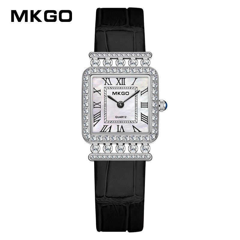 MKGO Luxury Women’s Square Quartz Watch with Diamonds – Roman Scale Leather Strap