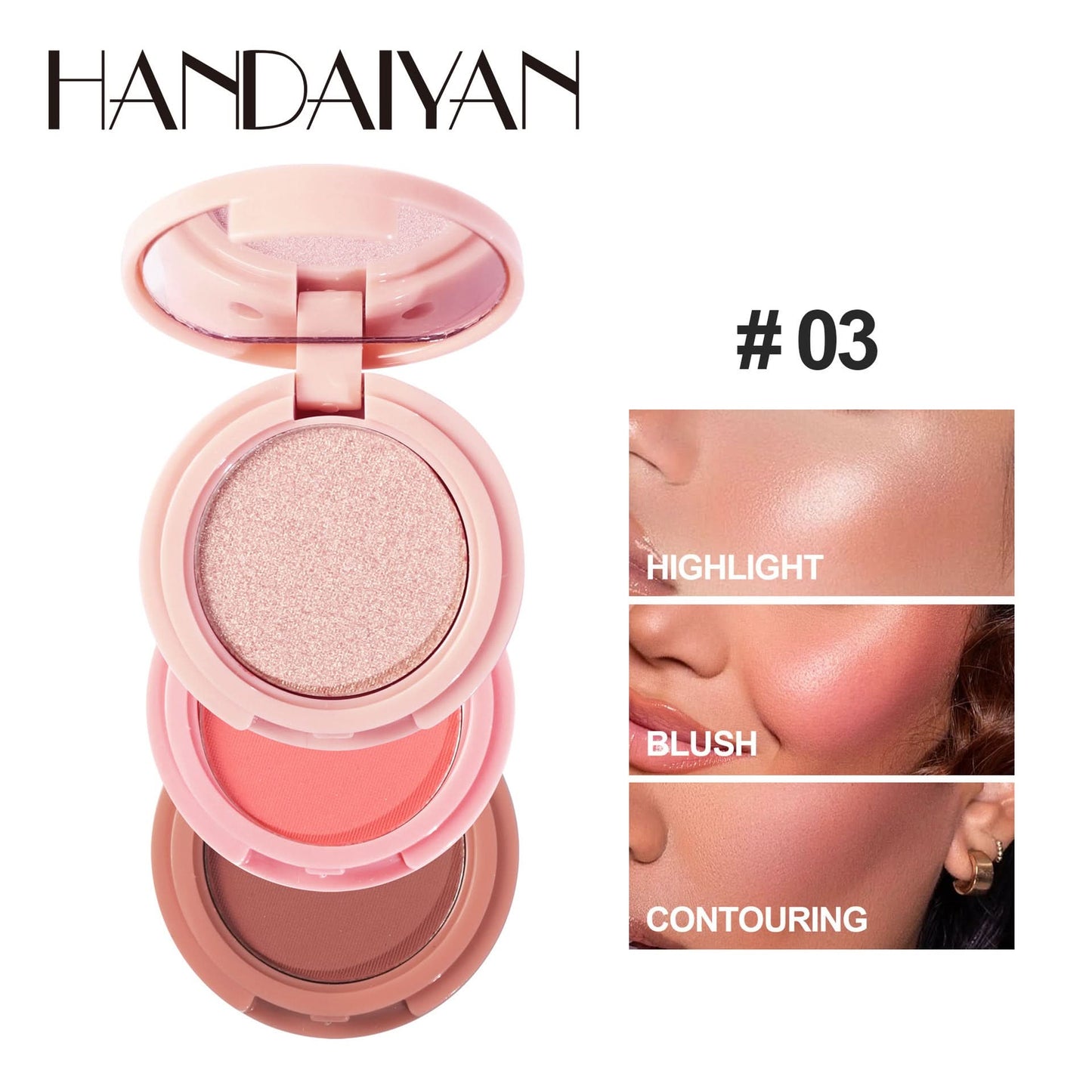 Handaiyan 3-in-1 Contour, Highlighter & Blush Palette – Glow-Boosting