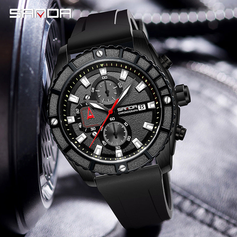 SANDA Luminous Men’s Quartz Watch – Waterproof Silicone Strap Chronograph with Calendar