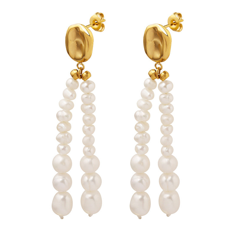 Baroque Pearl Tassel Earrings for Women – Titanium Steel, Light Luxury