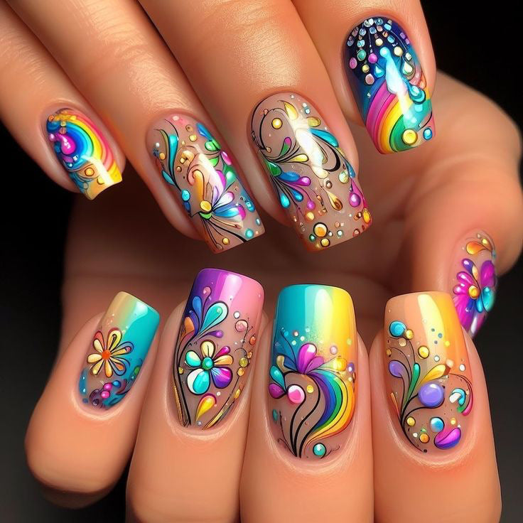 Rainbow Floral Press-On Nails – Medium Square Acrylic Set with Whimsical Design