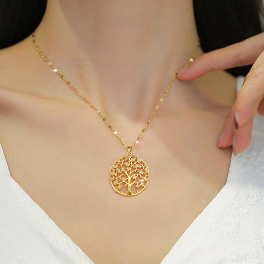 Elegant Tree Pendant Necklace – Titanium Steel Diamond Clavicle Chain for Women
