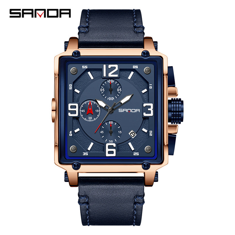 SANDA Luminous Men’s Square Quartz Watch – Leather Strap with Calendar & Small Seconds