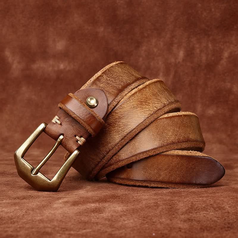 Men’s Vintage Thick Leather Belt – Copper Buckle