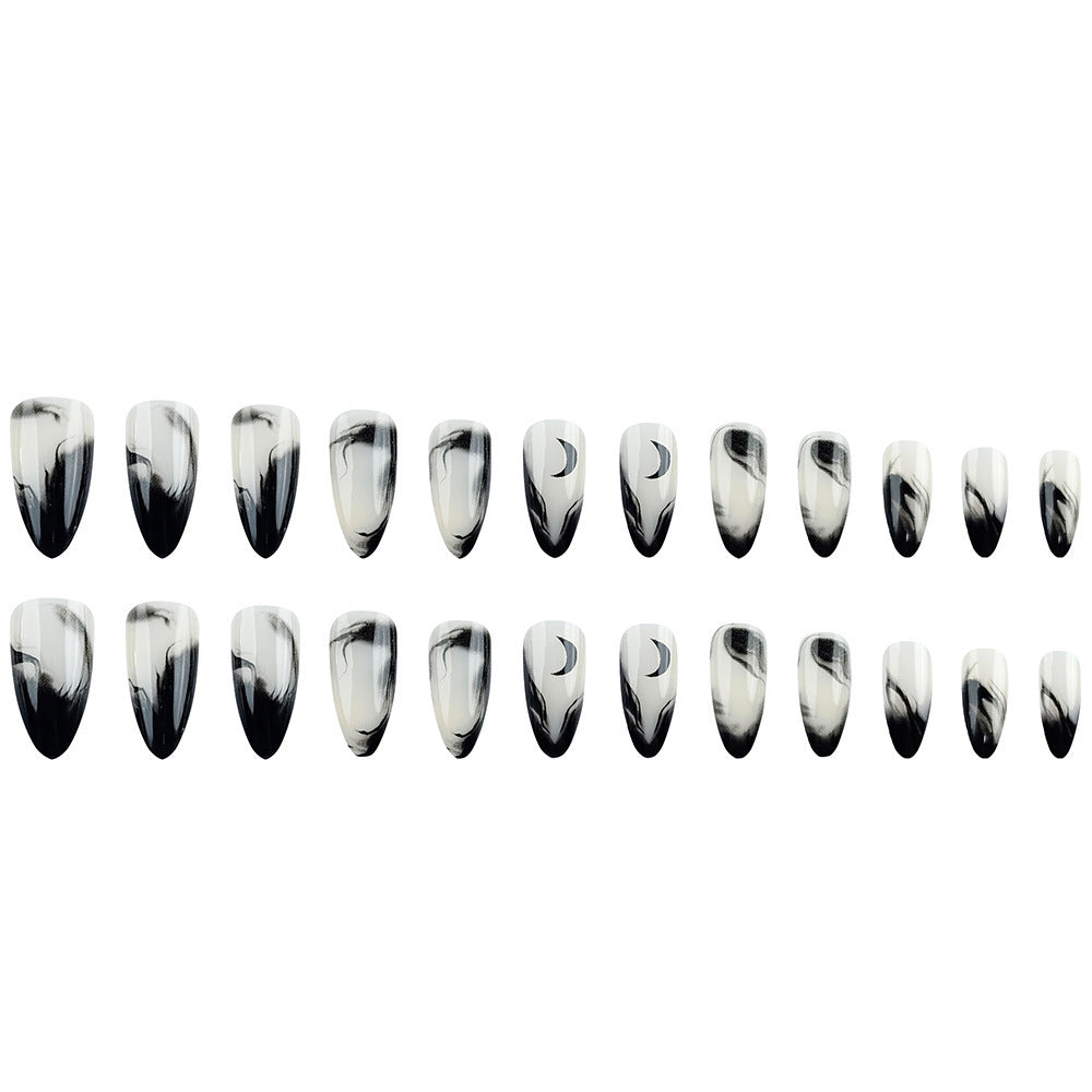 Marble French Almond Press-On Nails – Black & Nude Medium Crescent Design Nails